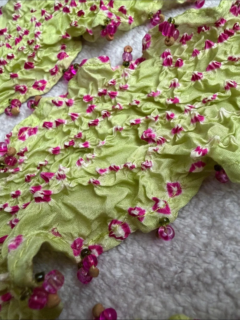 Light Green & Pink Beaded Ruffled Silk Scarf - Tie Dye Scarf #629